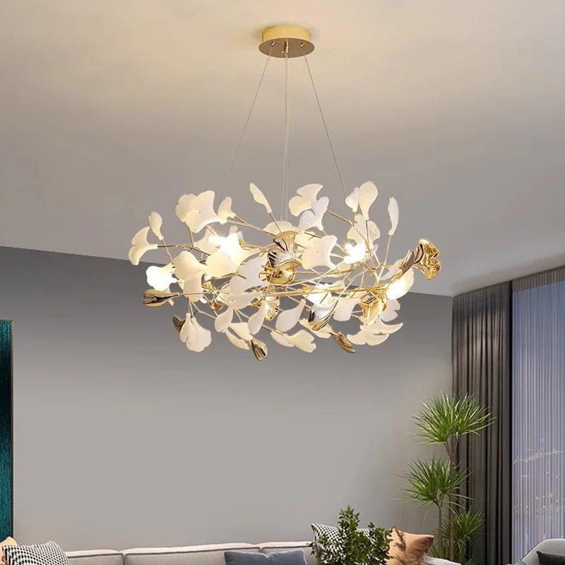 Vintage Ceramic Ginkgo Leaf Chandelier Hanging Light Fixture - Image 4