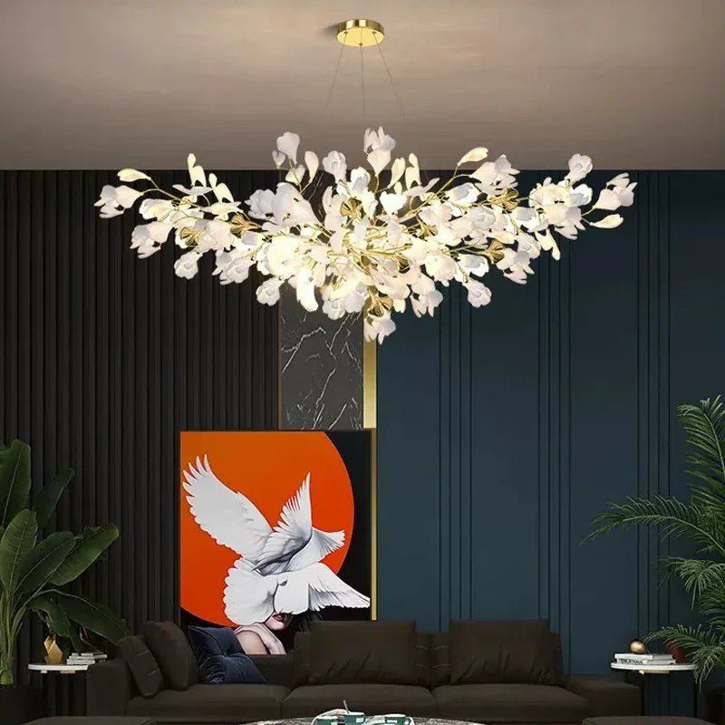 Vintage Ceramic Ginkgo Leaf Chandelier Hanging Light Fixture - Image 2
